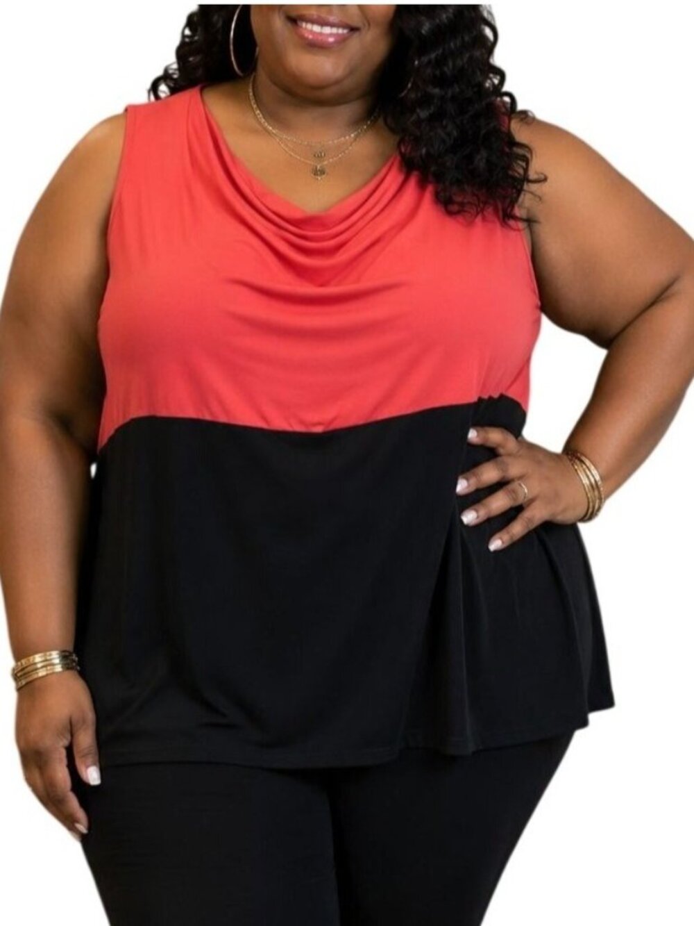 Valerie Stevens Woman Plus Size 2X Top Draped Sleeveless Coral Black Colorblock